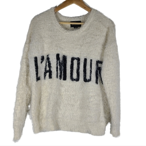 Maddison Womens Medium Fuzzy Sweater Ivory Black L'Amour Crew Neck Long Sleeve. - Picture 1 of 4